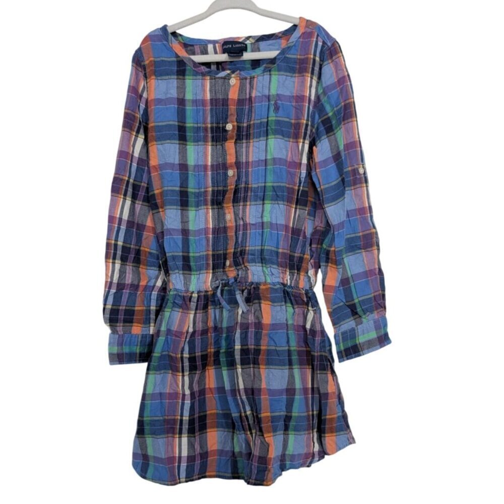 Ralph Lauren Plaid Dress Girls Size 6X Blue Roll Tab Sleeves Long Sleeve Preppy